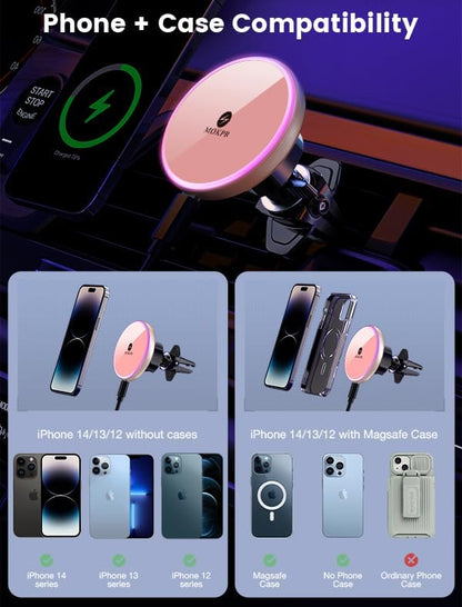 MOKPR for Magnetic Car Mount Charger-15W Wireless Car Charger-Magnetic Car Phone Holder for Dash Air Vent-LED RGB HandsFree Car Mount Fast Car Charger for iPhone 16 15/14/13/12 Pink
