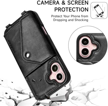 LUCKYCOIN for iPhone 16 Crossbody Wallet Case – Genuine Leather Phone Purse with Adjustable Strap and Card Holder,Lanyard Phone Purse Case for Women,Vintage Black
