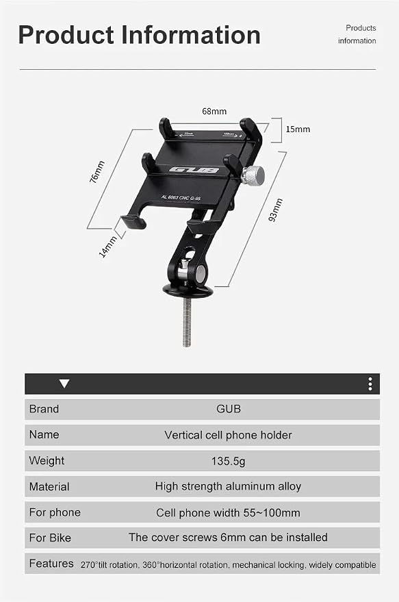 GUB G-95 Bicycle Stem Cellphone Mount Aluminum Alloy Handlebar Mobilephone Support Adjustable Bottom Bracket with Bottom Holder