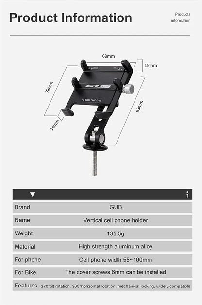 GUB G-95 Bicycle Stem Cellphone Mount Aluminum Alloy Handlebar Mobilephone Support Adjustable Bottom Bracket with Bottom Holder