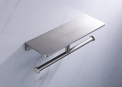Toilet Paper Holder,Brushed Nickel Double Toilet Paper Roll Holder with Storage Shelf,Wall Mount Brass Toliet Tissue Dispenser for Home and Hotel Bathrooms
