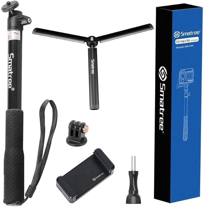 Smatree Telescoping Selfie Stick with Tripod Compatible for Insta360 X5, for GoPro Hero 13/12/11/10/9/8/7/6/5, for OSMO 5 Pro/4/3/Ricoh Theta, Compact Camera and Phone