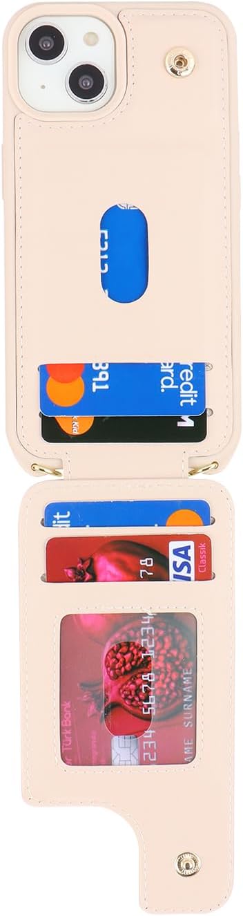 Lipvina for iPhone 14 Case with Card Holder for Women,iPhone 14 Phone Case with Strap,Crossbody Lanyard,RFID Blocking,Ring Stand,Snap Clasp,Cute Wallet Cases 6.1 inch (Beige)
