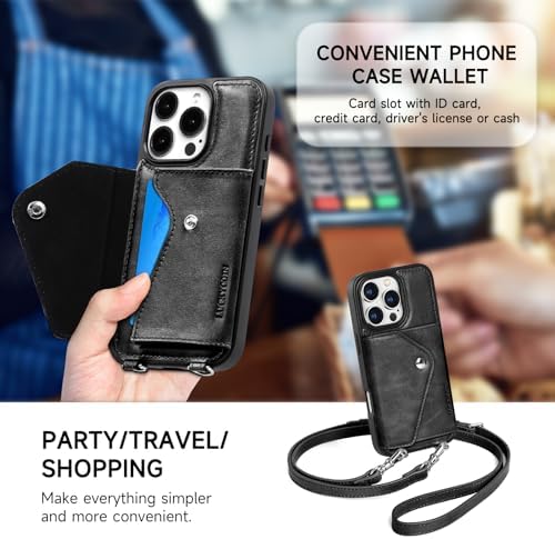 LUCKYCOIN for iPhone 16 Pro Crossbody Wallet Case – Genuine Leather Phone Purse with Adjustable Strap and Card Holder,Lanyard Phone Purse Case for Women,Vintage Black