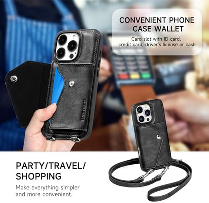 LUCKYCOIN for iPhone 16 Pro Crossbody Wallet Case – Genuine Leather Phone Purse with Adjustable Strap and Card Holder,Lanyard Phone Purse Case for Women,Vintage Black
