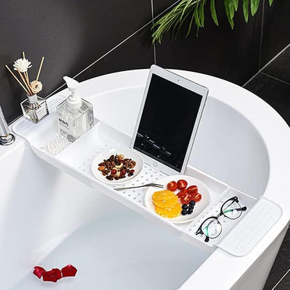 Bathtub Caddy Tray, Expandable Bath Shelf, Adjustable Size from 21.9 to 31 inches Plastic Bathtub Storage Rack, Bathtub Accessories & Bathroom Gadgets, Bath Tub Tray for Kitchen Bathroom (White)