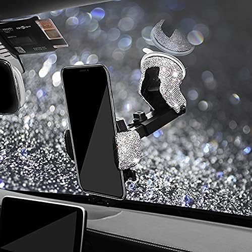 Bling Car Phone Mount Holder,Shiny Crystal Rhinestone Phone Stand for Women and Girls, Car Accessories for Windshield Dashboard,Compatible with Most Cellphones (White)
