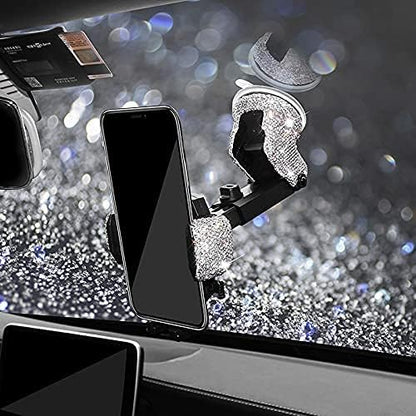 Bling Car Phone Mount Holder,Shiny Crystal Rhinestone Phone Stand for Women and Girls, Car Accessories for Windshield Dashboard,Compatible with Most Cellphones (White)