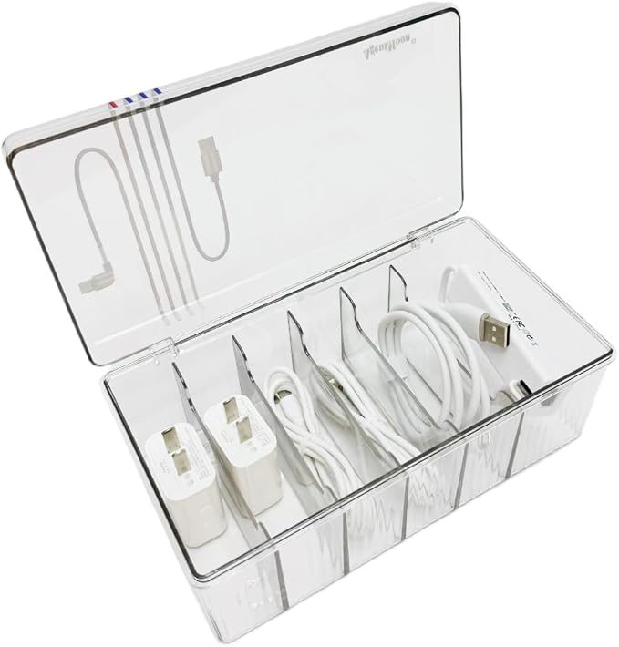 AgentMoon Clear Acrylic Cable Organizer Box with Lid, 6 Storage Slots,Color Lable Desktop Accessories Storage Box with 60 inches Cuttable Magic Lashing Straps (1PCS)