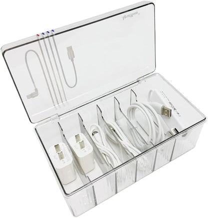 AgentMoon Clear Acrylic Cable Organizer Box with Lid, 6 Storage Slots,Color Lable Desktop Accessories Storage Box with 60 inches Cuttable Magic Lashing Straps (1PCS)