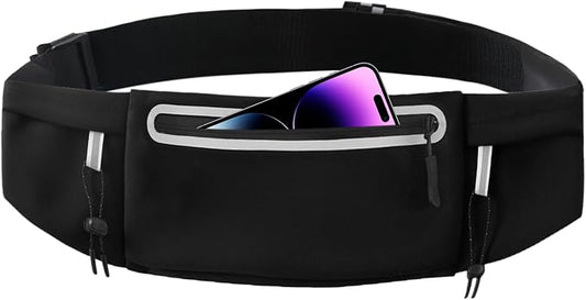 Running Belt Fanny Pack:3 Pocket Waist Bag for Men Women Workout Exercise Fitness Phone Holder Fits All Phones - Runner Marathon Jogging Race Belt with Bib Clip (Black)