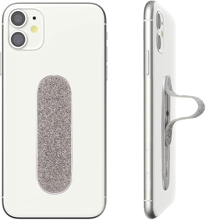 Momostick Flatstick, Cell Phone Finger Grip Strap Holder for Hand, Cell Phone Stand, New Slim Finger Loop Selfie Grip Compatible with Most Smartphones - Glitter Silver