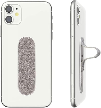 Momostick Flatstick, Cell Phone Finger Grip Strap Holder for Hand, Cell Phone Stand, New Slim Finger Loop Selfie Grip Compatible with Most Smartphones - Glitter Silver