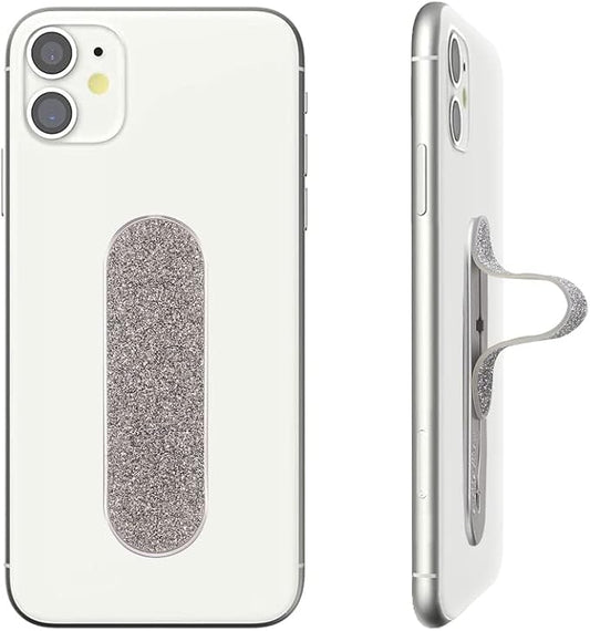 Momostick Flatstick, Cell Phone Finger Grip Strap Holder for Hand, Cell Phone Stand, New Slim Finger Loop Selfie Grip Compatible with Most Smartphones - Glitter Silver