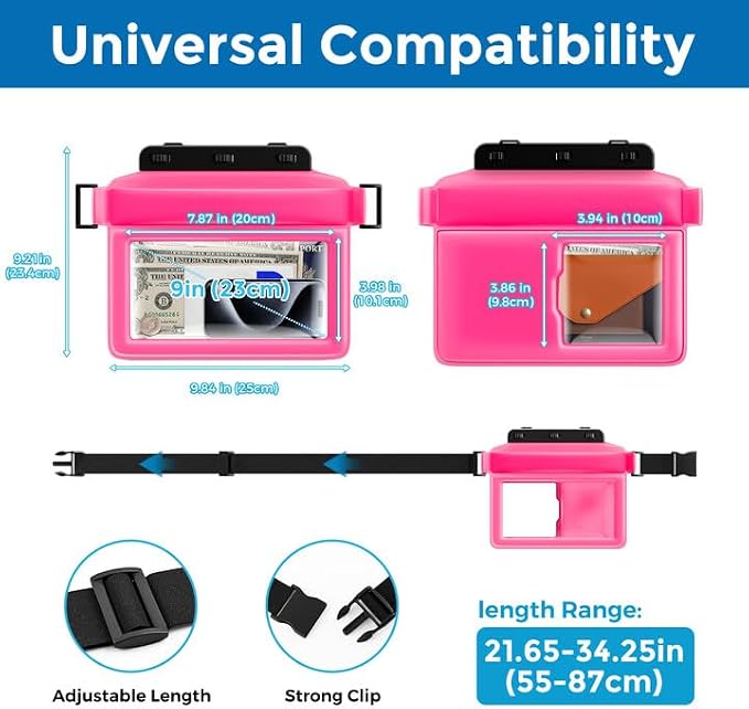 JOTO Large Floating Waterproof Phone Pouch with Adjustable Waist Strap, Water Proof Fanny Pack Dry Bag Wallet for Cellphone Passport Watch and Valuables, Beach Essential for Swimming Snorkeling -Pink