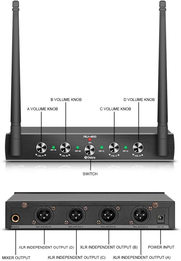 Debra Audio Pro UHF 4 Channel Wireless Microphone System with Cordless Handheld Lavalier Headset Mics, Metal Receiver, Ideal for Karaoke Church Party(with 4 Handheld (B))