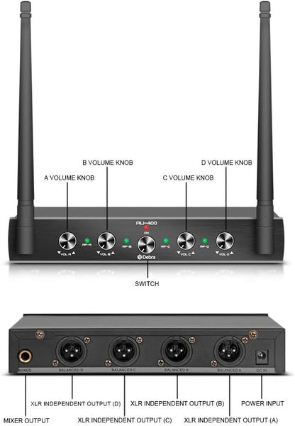Debra Audio Pro UHF 4 Channel Wireless Microphone System with Cordless Handheld Lavalier Headset Mics, Metal Receiver, Ideal for Karaoke Church Party(with 4 Handheld (B))