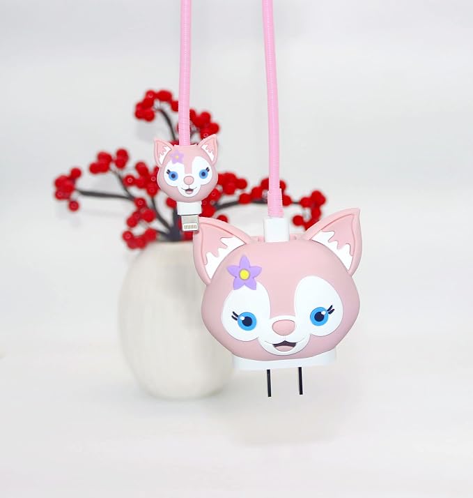 3D Cute Wall Charger Protector Case - Compatible for Apple 20W USB-C Power Adapter and Lightning Cable (Pink Lina)