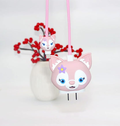 3D Cute Wall Charger Protector Case - Compatible for Apple 20W USB-C Power Adapter and Lightning Cable (Pink Lina)