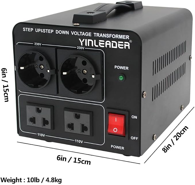 Yinleader 110V to 220V EU Voltage Converter Transformer Step Up/Down | 120V to 240V with 2 US&2 EU Outlets 1500W [110V US Power Cord Included Only, No 220V Cord]