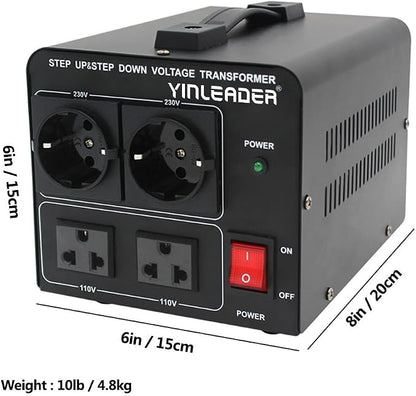 Yinleader 110V to 220V EU Voltage Converter Transformer Step Up/Down | 120V to 240V with 2 US&2 EU Outlets 1500W [110V US Power Cord Included Only, No 220V Cord]