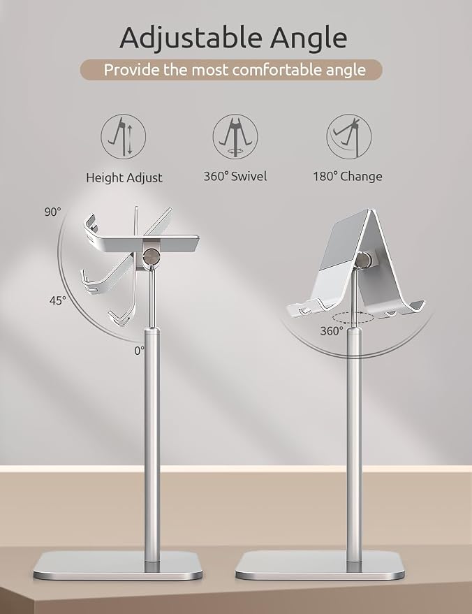 Tablet Stand Height Angle Adjustable, Eye-Level Desktop iPad Stands Tablet Holder for Home Office, Cradle Dock for iPad Pro 12.9, Air Mini 4, Kindle, E-Reader, Nexus, iPhone (4-13'') Silver