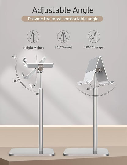 Tablet Stand Height Angle Adjustable, Eye-Level Desktop iPad Stands Tablet Holder for Home Office, Cradle Dock for iPad Pro 12.9, Air Mini 4, Kindle, E-Reader, Nexus, iPhone (4-13'') Silver