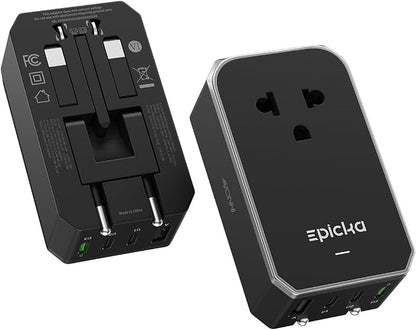 EPICKA Air 40W Universal Travel Adapter, PD Fast Charging International Power Adapter with 1 AC & 4 USB Ports, Worldwide Compact Travel Essentials for US/EU(Black, 1-Pack, Not a Voltage Converter)