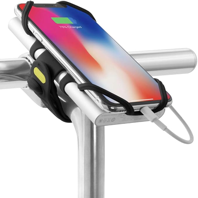 Bone Bike Tie Pro Pack 1, Bike Cell Phone + Charger Mount for Stem, Scratch-Free Silicone Holder, Universal Cycling Phone + Power Bank Holder Compatible with Most Smartphone (Black - 2-in-1 Mount)