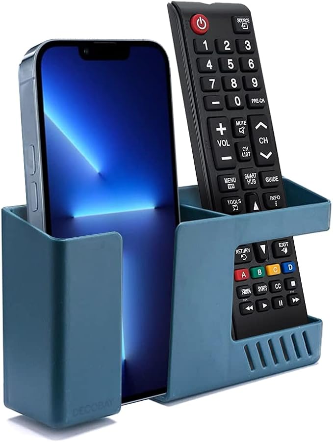 Strong Adhesive Wall Mount Phone Holder D3 Punch-Free Bedside Phone Shelf with Charging Port, Sticky Remote Control Storage Box, Bathroom & Kitchen Wall Organizer (Blue)