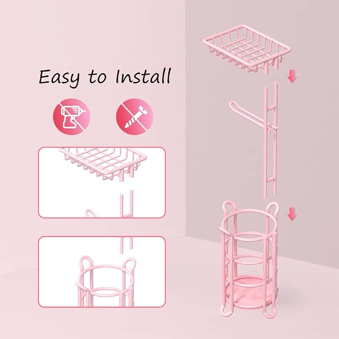 Pink Toilet Paper Holder Stand Tissue Holder for Bathroom Floor Standing Toilet Roll Dispenser Storage 4 Reserve Mega Rolls, Phone, Wipes