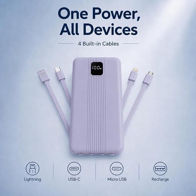 10000mAh Portable Charger with 4 Built-in Cables, 22.5W Fast Charging Power Bank, LED Display, Slim Travel Battery Pack for iPhone 17/16/15/14, Samsung Galaxy, iPad & More