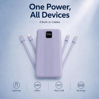 10000mAh Portable Charger with 4 Built-in Cables, 22.5W Fast Charging Power Bank, LED Display, Slim Travel Battery Pack for iPhone 17/16/15/14, Samsung Galaxy, iPad & More