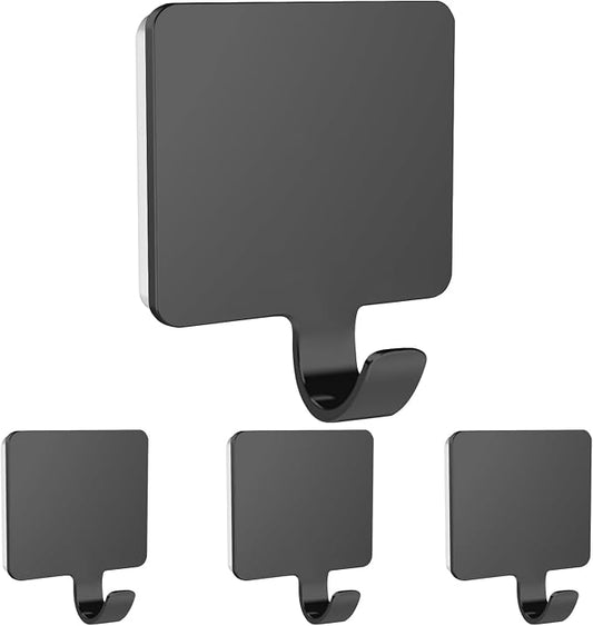 Shaver Hook Hanger Stand Caddy Self Adhesive Stick on Hook Heavy Duty Stainless Steel Phone Holder for Shower, Tools for Hanging Washcloth Towel Loofah for Bathtub Wall, Black (4 Pack)