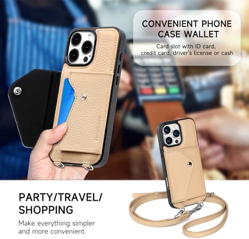 LUCKYCOIN for iPhone 16 Pro Max Crossbody Wallet Case – Genuine Leather Phone Purse with Adjustable Strap and Card Holder,Lanyard Phone Purse Case for Women,Pebble Grain Beige