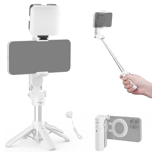 NEEWER BASICS Magnetic Selfie Stick Tripod Compatible with Magsafe iPhone Samsung Android, Portable Extendable Desk Stand with Cell Phone Grip Holder Detachable Remote for Video Recording, PA985 White