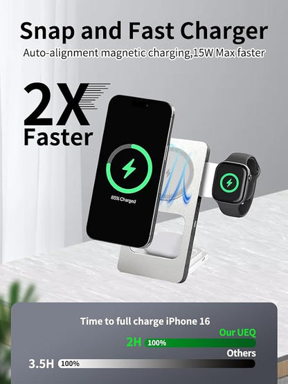 3 in 1 Wireless Charging Station for iPhone 17 16 15 14 13 12, Apple Watch 10 9 8 7 6 5 4 3 2 SE Ultra, AirPods 4 3 2 Pro, 15W Fast Charger Stand (Silver)