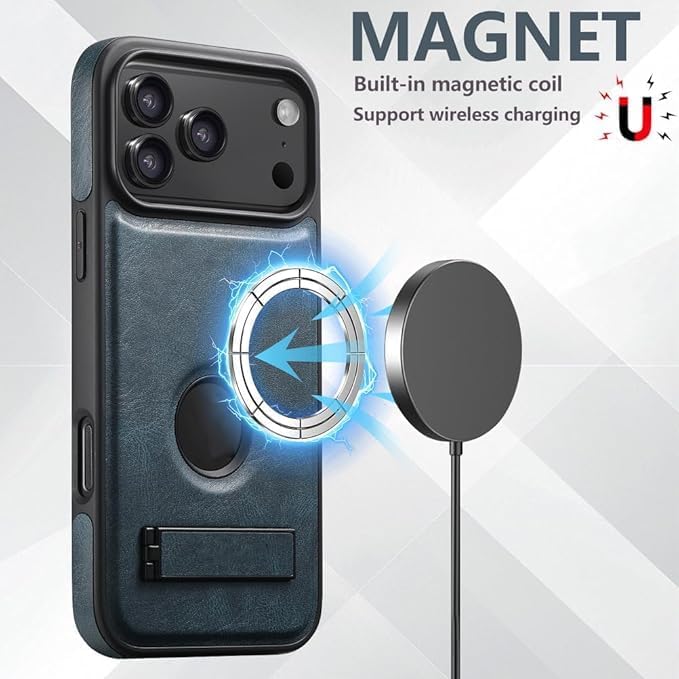 Magnetic Case for iPhone 17 Pro Max/17 Pro/17 Air/17, Retro Oil Wax Pattern Logo View Leather Cover with Folding Kickstand (17 Pro,Brown) (17 Pro,Black)