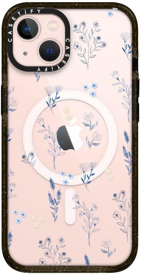 CASETiFY Impact iPhone 13 Case [ 6.6ft Drop Protection/Compatible with Magsafe ] Small Blue Flowers - Clear Black