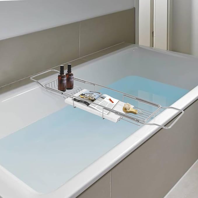 Expandable Bathtub Tray Caddy for Luxury Bath, Extra Wide Acrylic Tub Tray with Natural Marble Board, Waterproof Bath Tub Shelf for Phone, Wine, Book, Tablet Stand - Ideal Home Spa (Silver, White)