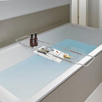 Expandable Bathtub Tray Caddy for Luxury Bath, Extra Wide Acrylic Tub Tray with Natural Marble Board, Waterproof Bath Tub Shelf for Phone, Wine, Book, Tablet Stand - Ideal Home Spa (Silver, White)