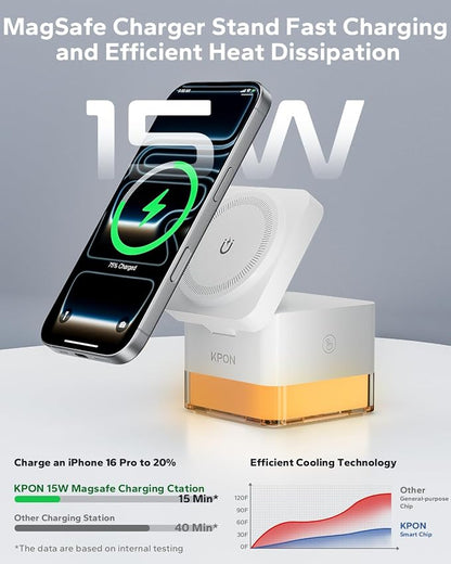KPON for iPhone Nightstand Charging Station,15W 3 in 1 Wireless Phone Charger Stand with Night Lamp, Travel Foldable Magnetic Cube Magsafe Dock for iPhone 17 16 15 14 13 12 Series/Apple Watch/Airpods