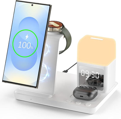 Wireless Charger for Samsung/Android,6 in 1 Alarm Clock Charging Station for Bedrooms with Bedside Clock Night Light for Samsung S25/S24/S23 Ultra/Buds,Watch Charger only for Galaxy Watch 8/7/6-White