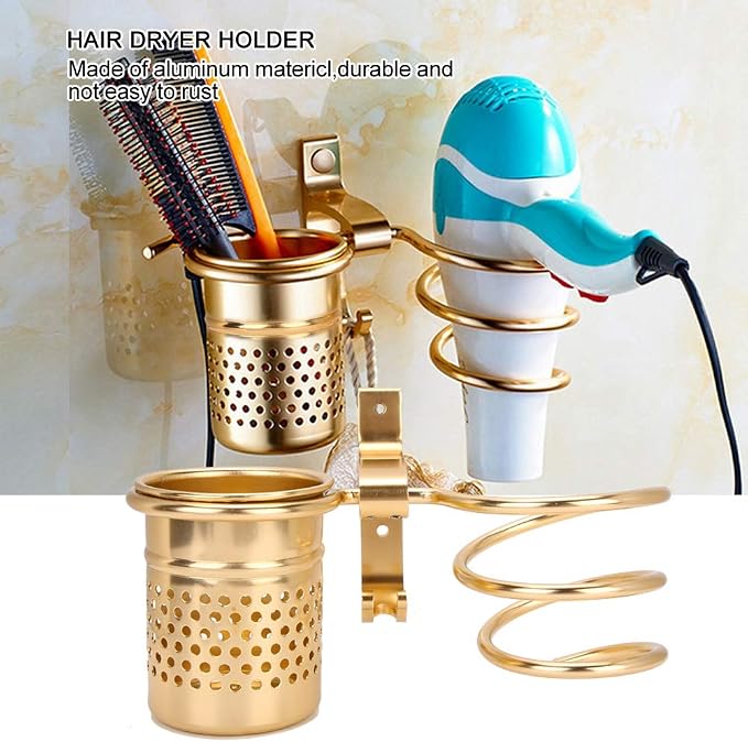 TOPINCN Hair Dryer Holder with Aluminum Storage Holder Wall Mount Hair Dryer Holder Wall Phone Holder with Fixing Screws for Hair Dryer, Hair Straightener(Gold)