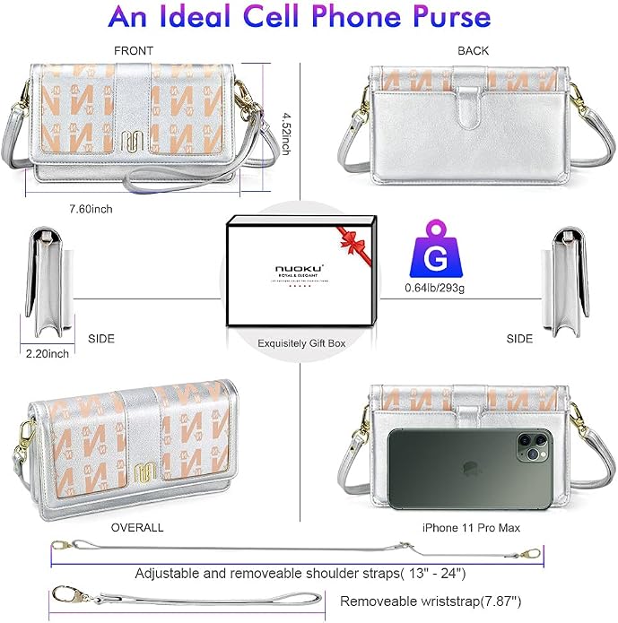 nuoku Women Small Crossbody Bag Cellphone Purse Wallet with RFID Card Slots 2 Straps Wristlet