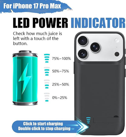 Battery Case for iPhone 17 Pro Max, 6000mAh Rechargeable Extended Battery Charging/Charger Case, Add 100% Extra Juice (6.9 Inches) Black