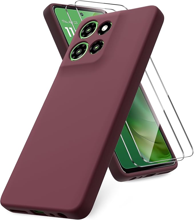 Case for Motorola Moto G Power (2025), 2 Pack Tempered Glass Screen Protectors, Soft TPU Silicone Shockproof Case-Burgundy