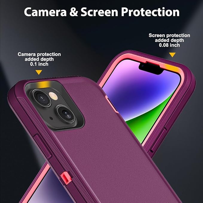 for iPhone 14 Plus Case with 2Pcs Tempered Glass Screen Protector and 1Pcs Camera Lens Protector, Military Grade 3 in 1 Heavy Duty Shockproof/Drop Proof/Dust Proof Case (Wine Red/Rose Pink)