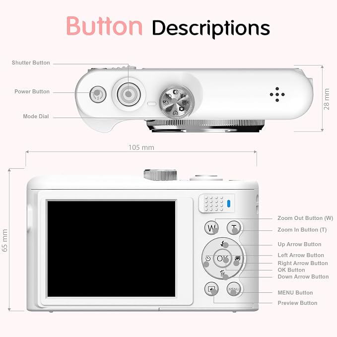Digital Camera, 4K Vlogging Camera with 64MP, Point and Shoot Digital Cameras with 18X Zoom, Anti-Shake, Mode Dial, 32GB SD Card, Card Reader, Charger, Compact Small Cameras, White