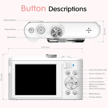Digital Camera, 4K Vlogging Camera with 64MP, Point and Shoot Digital Cameras with 18X Zoom, Anti-Shake, Mode Dial, 32GB SD Card, Card Reader, Charger, Compact Small Cameras, White